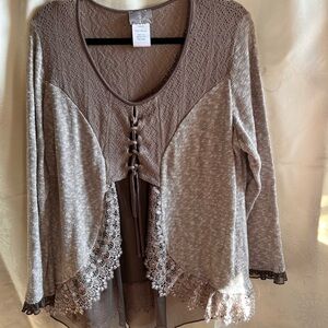 Brown Lace-Trimmed Sweater Top
